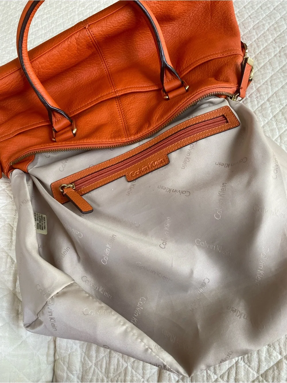 Calvin Klein Burt Orange Leather Satchel Tote Removable Strap Classic Bag Autumn